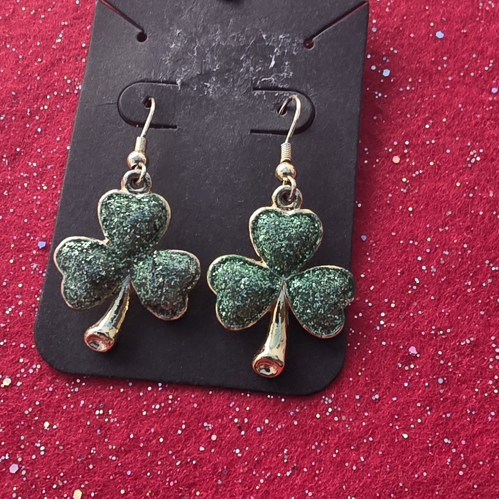 Green Glitter Shamrock Drop Earrings - Women Jewelry